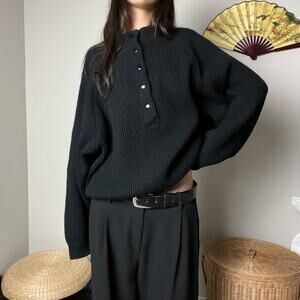 vintage 80s black wool alpaca chunky knit oversized boyfriend henley sweater